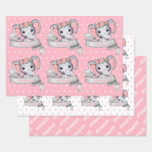 Persoonlijke naam Elephant Baby Girl Pink Pattern Inpakpapier Vel
