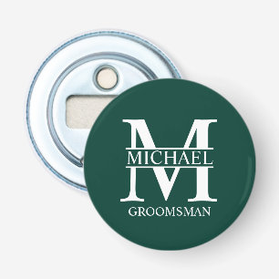 Persoonlijke naam en monogram van de bruidsjonker button flesopener