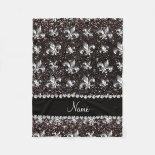 Persoonlijke naam fleur de lis black glitter fleece deken