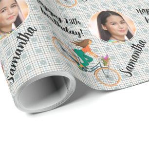 Persoonlijke naam Fotomeisje op Pedal Bike Cadeaupapier