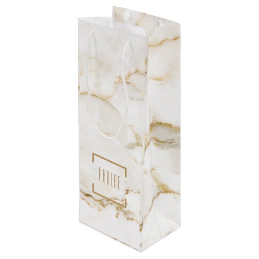 Persoonlijke naam gouden effect marmer wijn cadeautas (Achterkant Gekanteld)