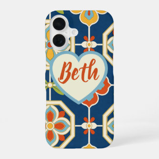 Persoonlijke Naam Hart Retro Art Deco Kleurrijk iPhone 16 Hoesje