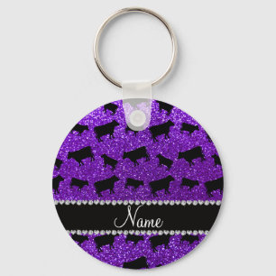 Persoonlijke naam indigo paarse glitterkoeien sleutelhanger