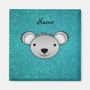 Persoonlijke naam koala gezicht turquoise glitter magneet