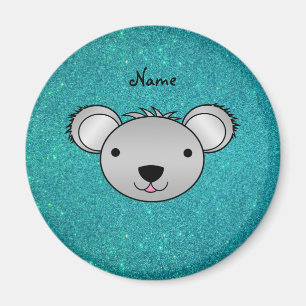Persoonlijke naam koala gezicht turquoise glitter magneet