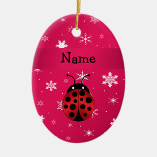 Persoonlijke naam ladybug roze sneeuwvlokken keramisch ornament