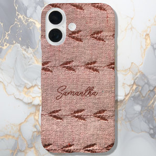Persoonlijke naam linnen toile poeder roze strepen iPhone 16 hoesje