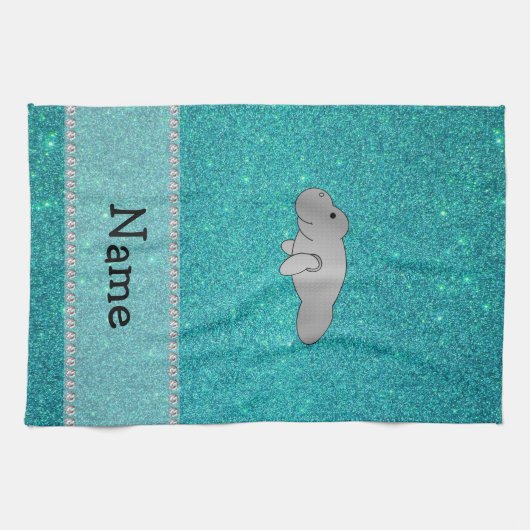 Persoonlijke naam manatee turquoise glitter theedoek (Horizontaal)