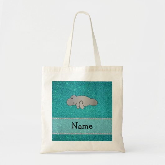 Persoonlijke naam manatee turquoise glitter tote bag (Voorkant)