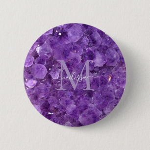 Persoonlijke naam met amethist geboortesteen monog ronde button 5,7 cm