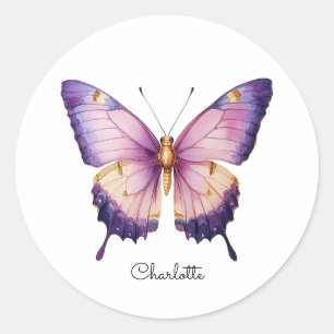 Persoonlijke naam met roze vlinder ronde sticker
