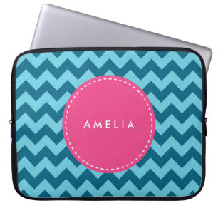 Persoonlijke naam Monogram Blue Chevron Laptop Sleeve