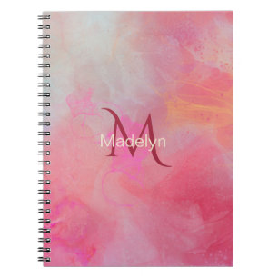 Persoonlijke naam + monogram roze waterverfinkt notitieboek
