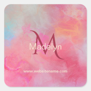 Persoonlijke naam + monogram roze waterverfinkt vierkante sticker