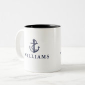 Persoonlijke naam nautisch bootanker marineblauw tweekleurige koffiemok (Voorkant links)