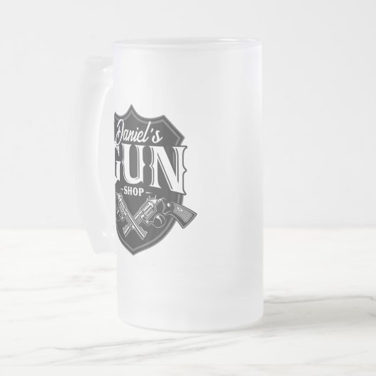 Persoonlijke NAAM Oude Pistool Revolvers Winkelvuu Matglas Bierpul (Voorkant links)