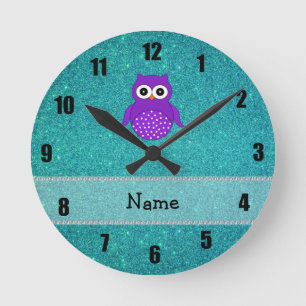 Persoonlijke naam owl turquoise glitter ronde klok