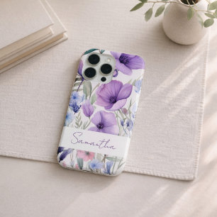 Persoonlijke naam paarse bloemrijke elegant iPhone 15 pro hoesje