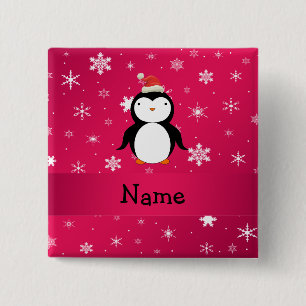 Persoonlijke naam pinguïn roze sneeuwvlokken vierkante button 5,1 cm