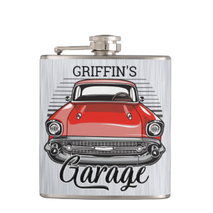 Persoonlijke NAAM Retro Rode Klassieke Auto Garage Heupfles