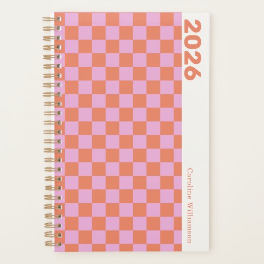 Persoonlijke naam retro roze oranje dambordruitpat planner (Voorkant)
