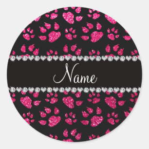 Persoonlijke naam roos roze glitter kattenpoten ronde sticker