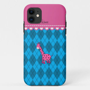 Persoonlijke naam roze giraf sky blue argyle iPhone 11 hoesje