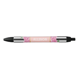Persoonlijke naam Roze Glam Black Stripes Peony Zwarte Inkt Pen