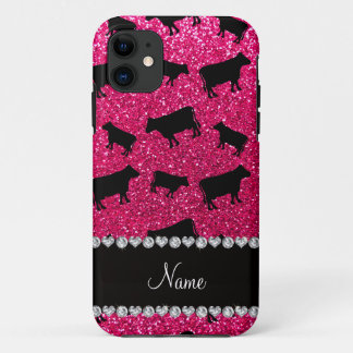 Persoonlijke naam roze glinsterende koeien iPhone 11 hoesje
