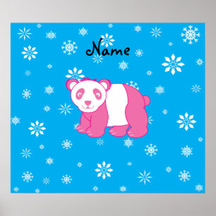 Persoonlijke naam roze panda blauwe sneeuwvlokken poster