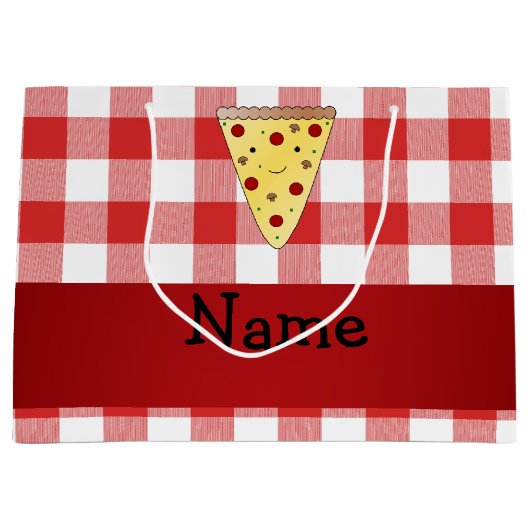 Persoonlijke naam schattige pizza rode ingecheckt large cadeautasje (Voorkant)