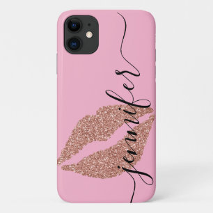 Persoonlijke naam, Script-Roos Gold Lips, Roze iPhone 11 Hoesje