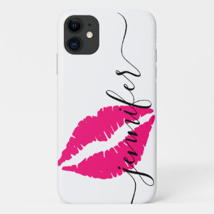 Persoonlijke naam, Script-roze lips, wit/zwart iPhone 11 Hoesje