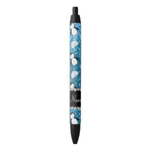 Persoonlijke naam sky blue glitter pinguins igloos zwarte inkt pen