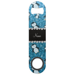 Persoonlijke naam sky blue glitter pinguins speed flessenopener