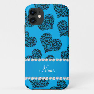 Persoonlijke naam sky blue leopard harten iPhone 11 hoesje