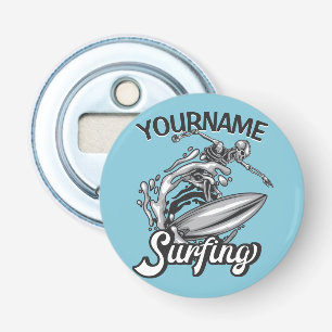 Persoonlijke NAAM Surfer Big Wave Skeleton Surfing Button Flesopener