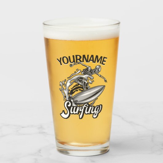 Persoonlijke NAAM Surfer Big Wave Skeleton Surfing Glas (Voorkant gevuld)