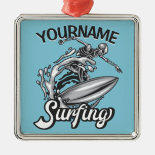 Persoonlijke NAAM Surfer Big Wave Skeleton Surfing Metalen Ornament