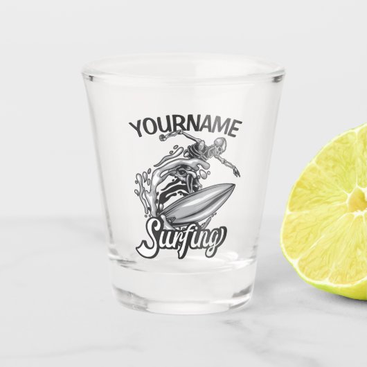 Persoonlijke NAAM Surfer Big Wave Skeleton Surfing Shot Glas (Voorkant)