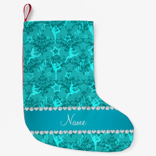 Persoonlijke naam turquoise damask gymnastiek kleine kerstsok (Voorkant)