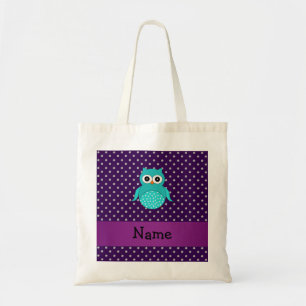 Persoonlijke naam turquoise owl paarse diamanten tote bag