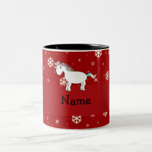 Persoonlijke naam unicorn red snowflakes tweekleurige koffiemok