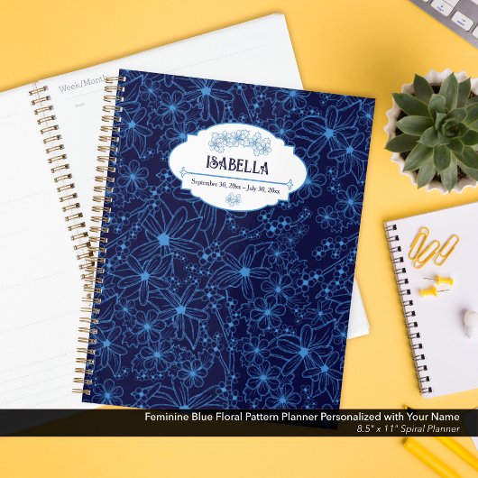Persoonlijke naam vrouwelijk blauw bloempatroon planner