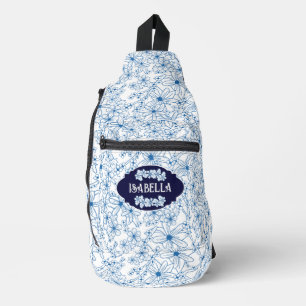 Persoonlijke naam vrouwelijk blauw bloempatroon sling bag