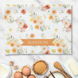 Persoonlijke naam waterverf zonnig bloemmotief theedoek
