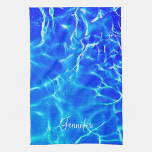 Persoonlijke naam, wit script, blauw poolwater theedoek