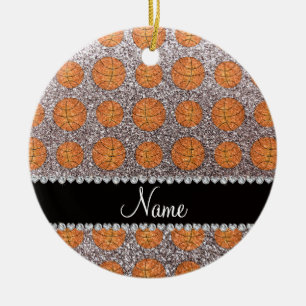 Persoonlijke naam zilveren glitterbasketballen keramisch ornament