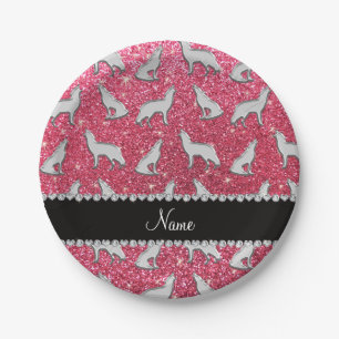 Persoonlijke naam zilverwolf fuchsia roze glitter papieren bordje