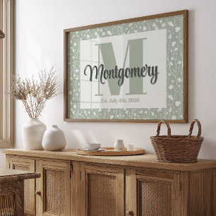 Persoonlijke naamprint saliegroen witte bloemen poster